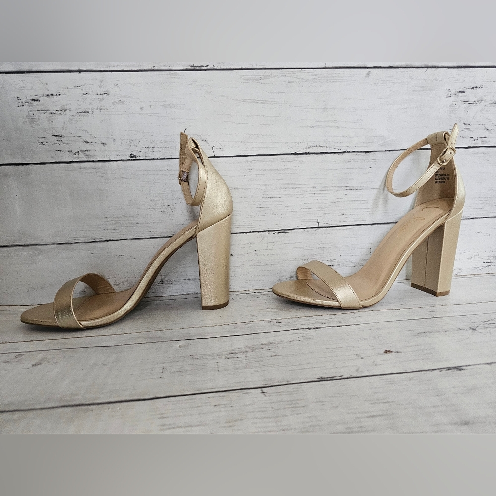 Lulus Dressy Taylor Metallic Champagne Gold Block Ankle Strap Chunky Heels - Picture 6 of 11